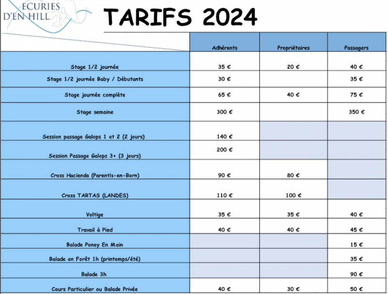 Tarif pour cours de poney et balade à cheval à biscarrosse